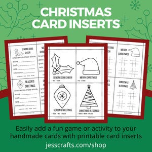 May include: Three printable Christmas card inserts with red borders. Each insert features holiday-themed images and word puzzles. Text includes "Sending Good Cheer!", "Merry Christmas!", "Season's Greetings", and "Christmas Blessings!"
