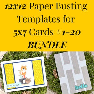 May include: A bundle of 12x12 paper busting templates for 5x7 cards. The image shows two sample cards. One card features a cat illustration with the text "You're the cat's meow!". The other card has a gray and white design with the word "hello".