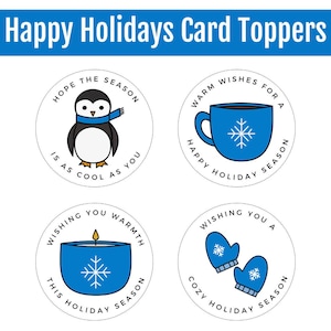 Könnte beinhalten: Kreisförmige Aufleger für Weihnachtskarten mit winterlichen Illustrationen. Designs umfassen einen Pinguin, eine Tasse heiße Schokolade, eine Kerze und ein Paar Fäustlinge. Jedes Design hat einen Feiertagsgruß.