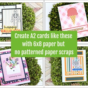 Puede incluir: Cuatro tarjetas A2 diferentes con varios dise&ntilde;os. Las tarjetas se muestran sobre un fondo de musgo verde. El texto en las tarjetas dice "happy halloween", "summer is so cool", "sending my love" y "thinking of you".
