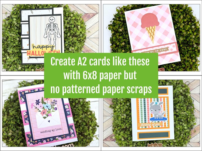 Puede incluir: Cuatro tarjetas A2 diferentes con varios dise&ntilde;os. Las tarjetas se muestran sobre un fondo de musgo verde. El texto en las tarjetas dice "happy halloween", "summer is so cool", "sending my love" y "thinking of you".