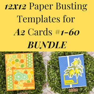 May include: A digital product listing titled 12x12 Paper Busting Templates for A2 Cards #1-60 BUNDLE. The image displays two handmade greeting cards featuring citrus fruit patterns, green and yellow colours, and the text YOU'RE THE ZEST.
