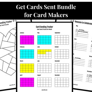 May include: A bundle of printable card-making trackers and checklists. The main image features a heart-shaped card tracker and a monthly card-sending tracker with color-coded months. Text includes "Get Cards Sent Bundle for Card Makers" and "Reasons to Celebrate."