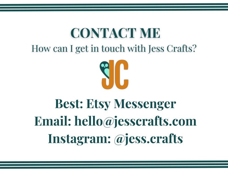 Puede incluir: Informaci&oacute;n de contacto para Jess Crafts, una tienda de Etsy. El logotipo es un JC estilizado con un coraz&oacute;n. Las opciones de contacto incluyen Etsy Messenger, correo electr&oacute;nico e Instagram.