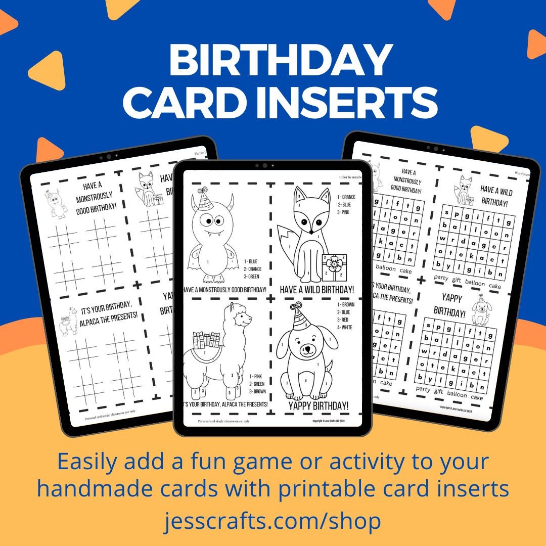 Printable Card Inserts Birthday Theme Games and Activities for Inside ...