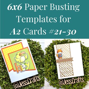 May include: Two 6x6 paper busting templates for A2 cards. The first card features a yellow and green bird with the word "hey" in colorful letters. The second card features a fox holding a heart with the text "You warm my heart". Both cards have a striped background.