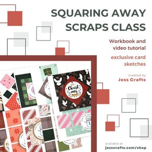 May include: An image advertising a "Squaring Away Scraps Class" with the text "Workbook and video tutorial" and "exclusive card sketches." The image shows various Christmas card designs with festive patterns and the text "Merry Christmas!" and "Hope your Christmas is sparkling!"