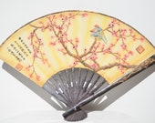 Vintage Antique Chinese Asian Hand Painted Couple Birds Plum Blossom Scene Wall Hanging Fan Qing Dynasty Qianlong Stamp Mark