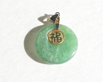 Vintage Natural Genuine Translucent Green Jadeite Jade Gold Tone Luck "Fu" Character Pendant