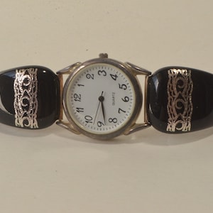 Vintage Japan Movt. Sterling Silver 925 Black Glass Heart Quartz Watch Bracelet