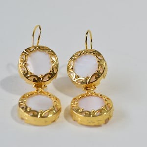 Vintage Gold Over Sterling Silver Vermeil Mother of Pearl MOP Circle Dangle hook Earrings