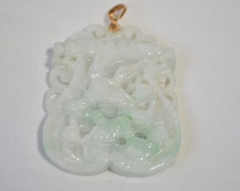 Vintage 14K 585 Yellow Gold Natural Genuine Grade A Green White Jadeite Jade Hand Carved Double Phoenix Double Dragon 2 Sides Luck Pendant