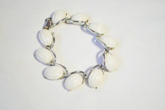 Vintage Kramer Signed Silver Metal Carved White Lucite Oval