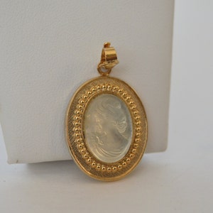 Gold Tone Translucent Celar Glass Cameo Victorian Lady Pendant image 1