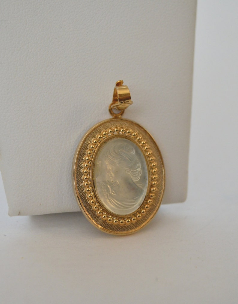 Gold Tone Translucent Celar Glass Cameo Victorian Lady Pendant image 1