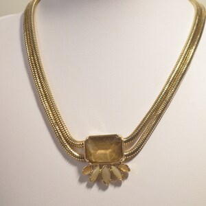 Vintage Gold Plated Snake Chain Rectangle Cut Smoky Clear Crystal Rhinestone Pendant Choker Necklace