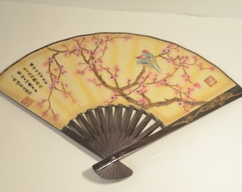 Vintage Antique Chinese Asian Hand Painted Couple Birds Plum Blossom Scene Wall Hanging Fan Qing Dynasty Qianlong Stamp Mark