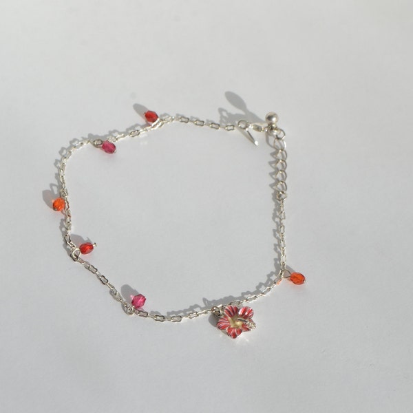 Vintage 1980s Avon Nina Ricci Pink Enamel Flower Hot Pink Crystal Bead Sterling Silver Anklet Ankle Bracelet