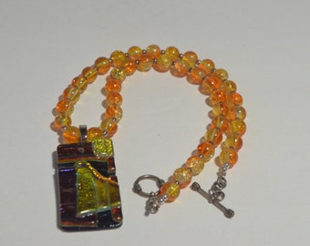 Vintage Sterling Silver Yellow Orange Venetian Millefori Moretti Murano Foil Art Glass Bead Pendant Necklace