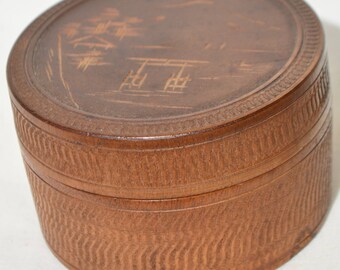 Vintage 1940's Japan Miyajima Satsuma Hand Carved Natural Wood Wooden Round Box Tea Coaster