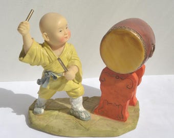 Vintage Chinese Hand Painted Porcelain Resin Buddha Temple Village Boy Beating Drum Figurine Statue
