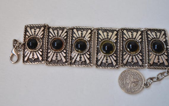 Vintage Silver Carved panel Black Bead Link Brace… - image 1