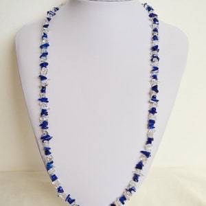 Long Lapis Lazuli & Quartz Strand Necklace with Gold Tone Clasp