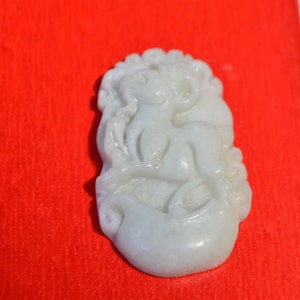 Vintage Hand Carved Natural Genuine Light Green Jadeite Jade Zodiac Goat/Sheep Pendant