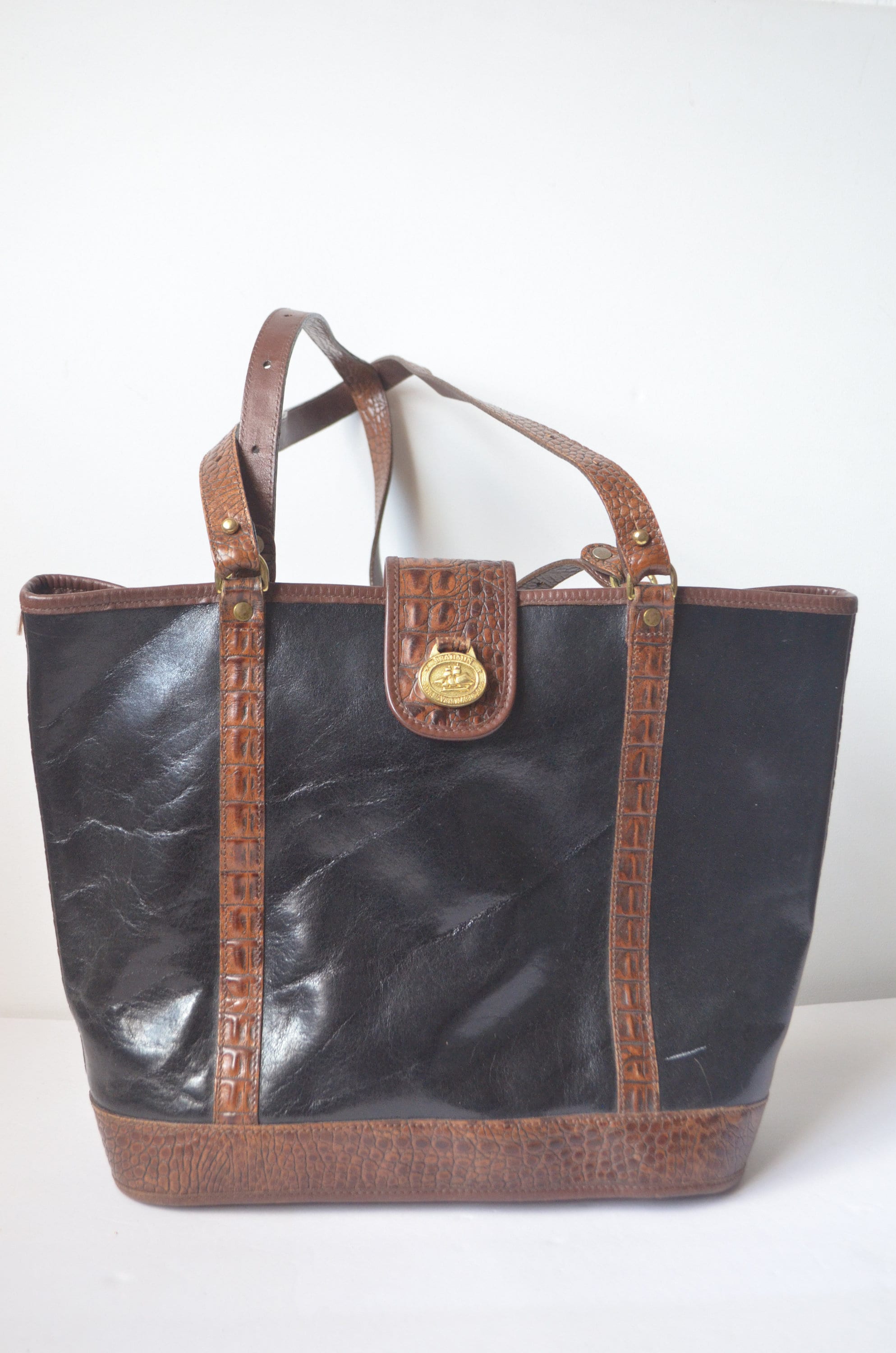 Vintage Brahmin Black & Brown Leather Handbag Large Tote Bag  display picture 3