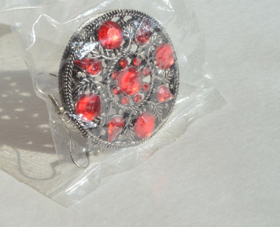 Silver Tone Ruby Red Rhinestone Flower Leaf Desig… - image 2