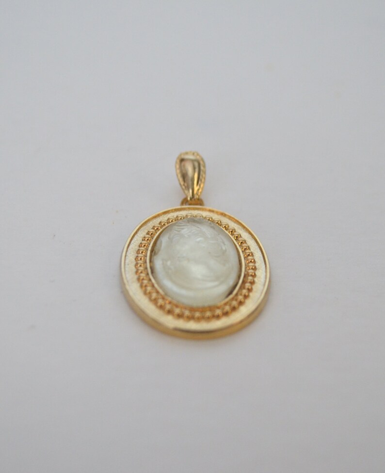 Gold Tone Translucent Celar Glass Cameo Victorian Lady Pendant image 3