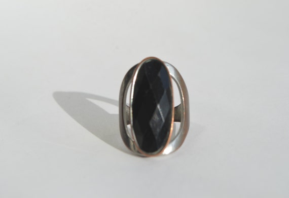Vintage Large Silver Over Copper Black Onyx Oval … - image 1