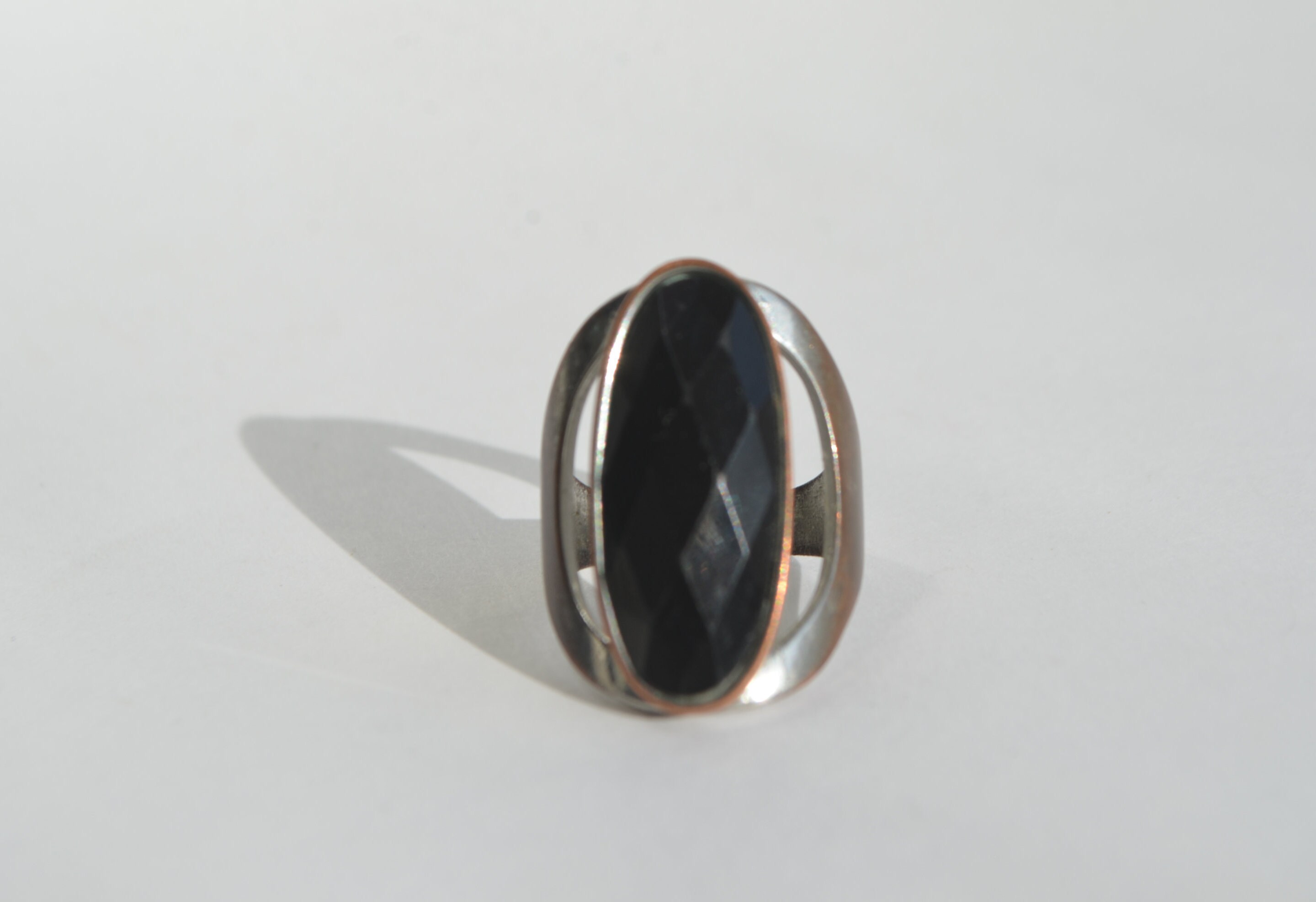 Vintage Large Silver Over Copper Black Onyx Oval Shape Chunky Boho Statement Ring Size 6.5
