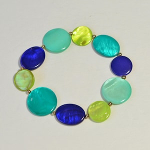 Blue Green Shell Mother-of-Pearl Gold Tone Bead Bracelet