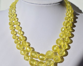 Vintage 1960s Signed Western Germany Yellow Faceted Lucite Beaded Double Multi Strand Brass Clasp  Necklace