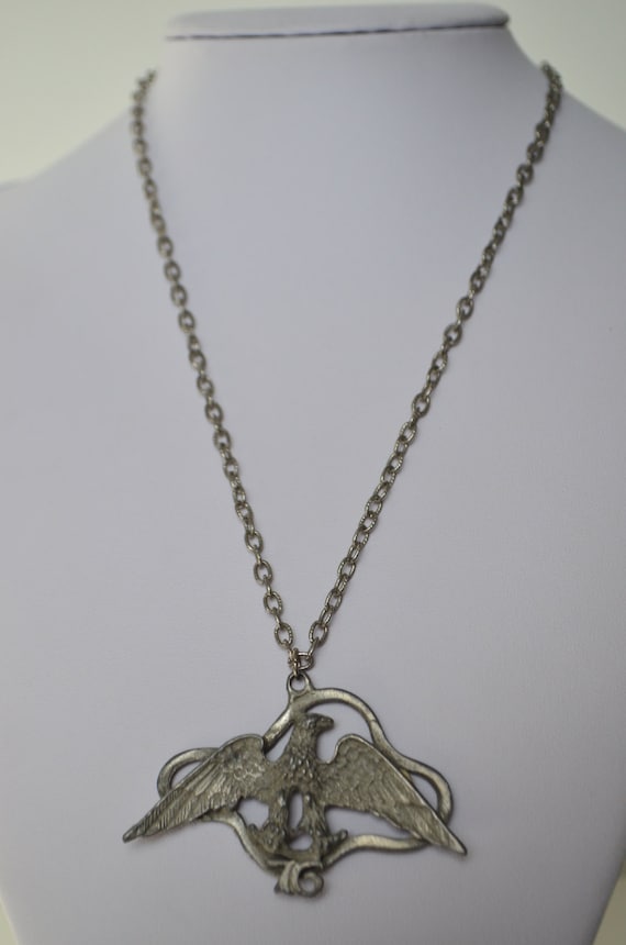 Vintage 1976 Silver Tone Pewter Eagle Pendant Neck