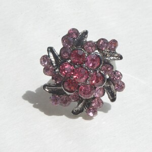 Vintage Pink Crystal Rhinestone Flower Cocktail Hematite  Ring Size 5-9 Adjustable
