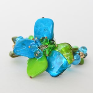 Blue Green Shell Mother-of-Pearl Flower Crystal Bead 2 Rows Bracelet