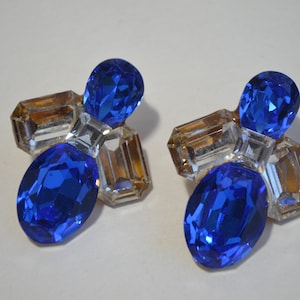 Vintage Art Deco Sapphire Blue & Clear Faceted Swarovski Rhinestone Crystal Clip On Earrings