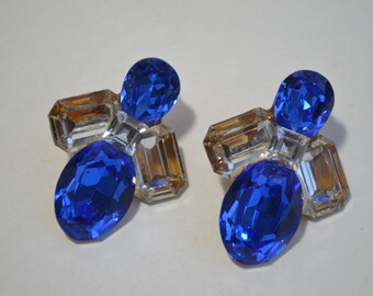 Vintage Art Deco Sapphire Blue & Clear Faceted Swarovski Rhinestone Crystal Clip On Earrings