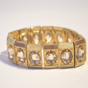Stunning Vintage Crystal Gold Plated Enamel Panel Link Stretchy Bangle Bracelet