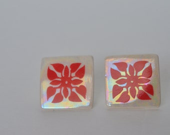 Vintage Porcelain Ceramic Red Flower Square Earrings