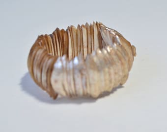 Beige Mother of Pearl MOP Sea Shell Half Circle Stretch Bangle Cuff Bracelet