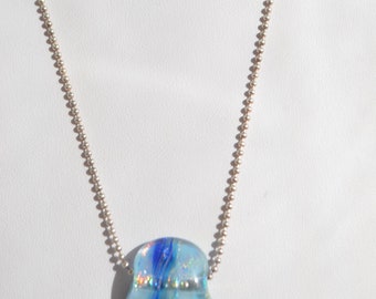 Modern Italian Sterling Silver 925  Blue Foil Murano Millefiori Art Glass Pendant Chain Necklace 19"