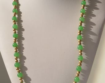 Vintage Natural Genuine Translucent Green Jade Jadeite Gold Brass Tone Metal Bead Necklace