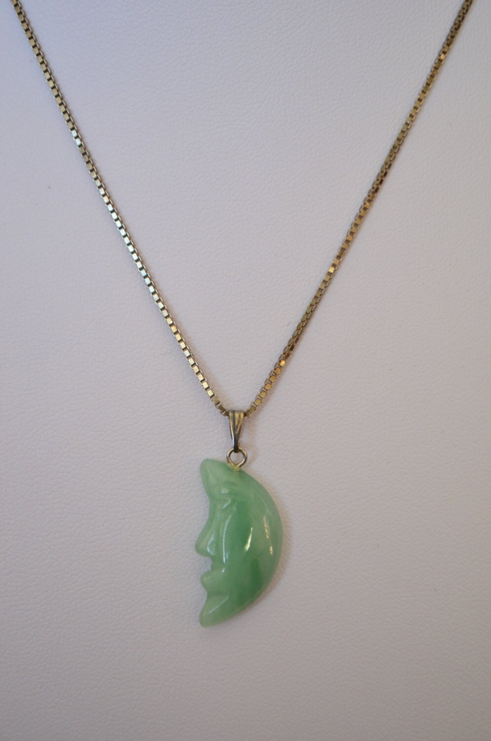 Vintage Sterling Silver 925 Marked Genuine Jade Jadeite Crescent Half Moon Face Pendant 16" Necklace