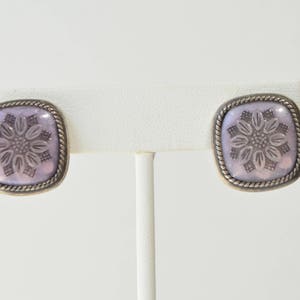 Vintage Signed Napier Silver Light Purple Lucite Flower Etched Screwback Earrings