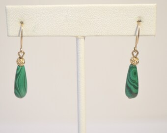 Vintage 1/20 14K Gold Filled GF Green Malachite Dangle Hook Earrings