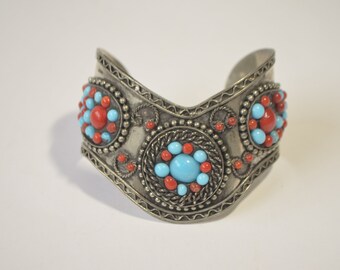 Vintage Sterling Silver Faux Blue Turquoise Red Coral Bead Cuff Bangle Bracelet