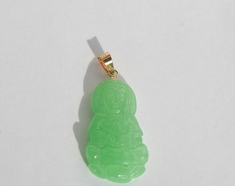 Vintage 14K Yellow Gold Natural Genuine Translucent Green Jadeite Jade Hand Carved Kwan-yin Buddha Pendant